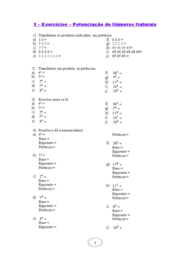 3 Exercicios Potenciacao de Numeros Naturais 6 Ano | Exponenciação ...