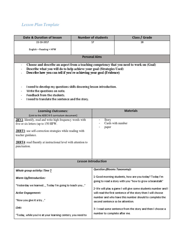 Lesson Plan Template: Date Duration of Lesson Number of Students