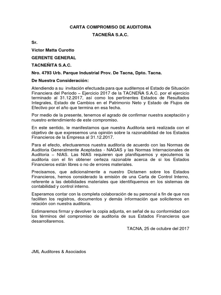 Carta Compromiso de Auditoria  Estado financiero 