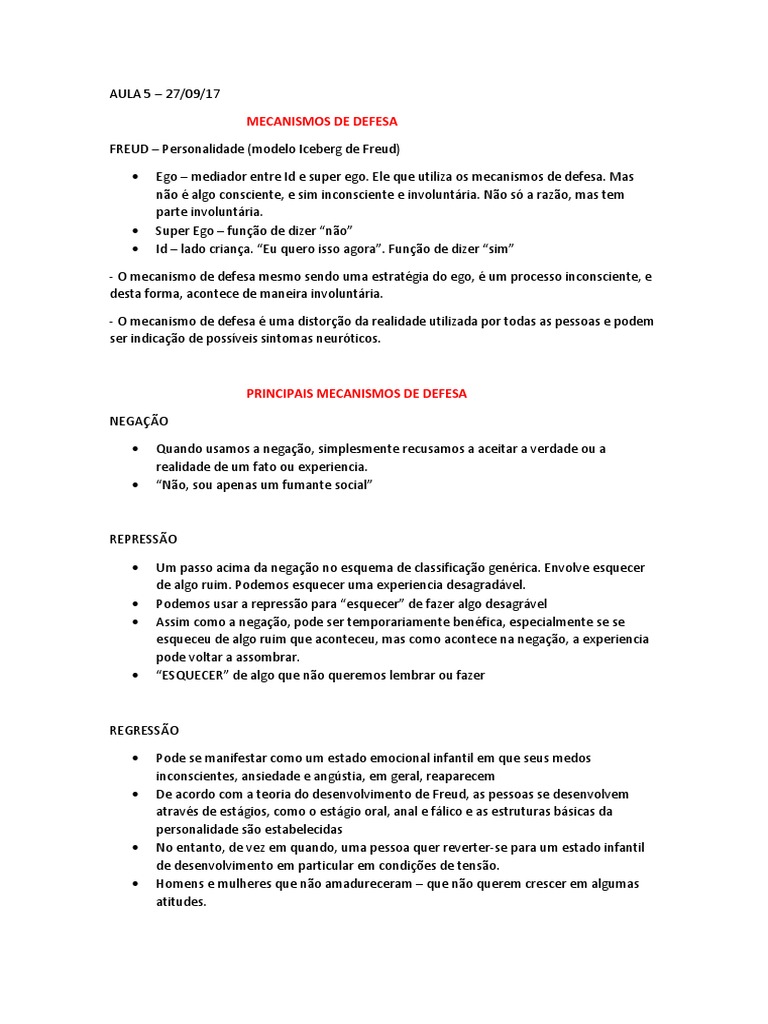 AULA 5 - Mecanismos de Defesa | PDF | Mecanismos de defesa | Sigmund Freud