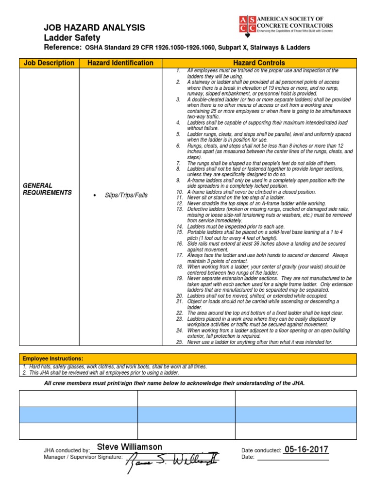 Job Hazard Analysis Ladder Safety Reference PDF Ladder Stairs