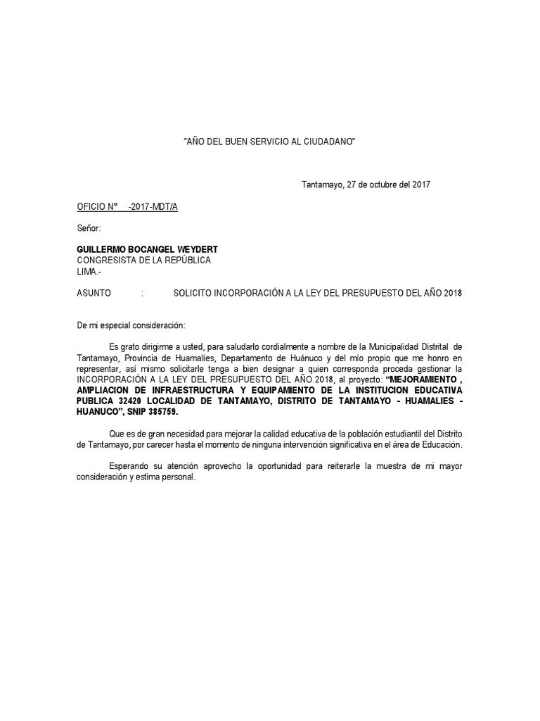 modelo oficio solicitud de financiamiento