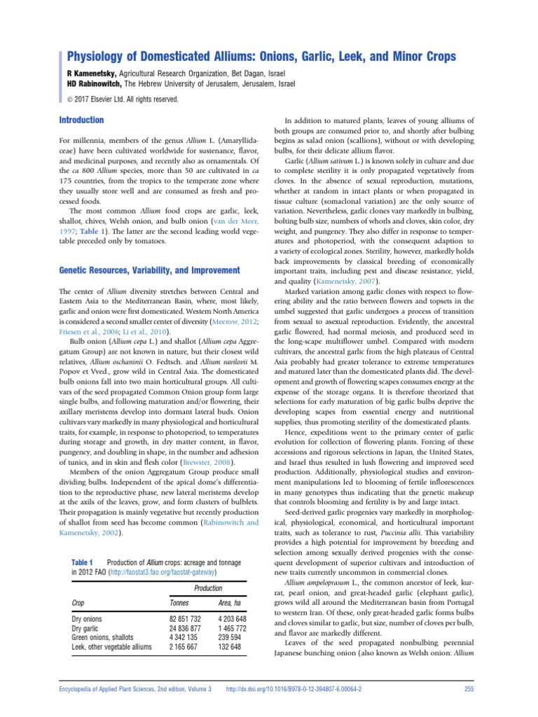Physiology of Domesticated Alliums Onions, Garlic, Leek, and Minor