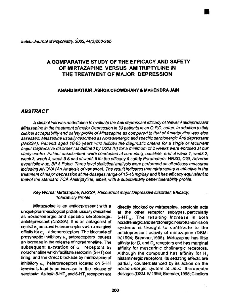 A Comparative Study of The Efficacy and Safety of Mirtazapine Versus