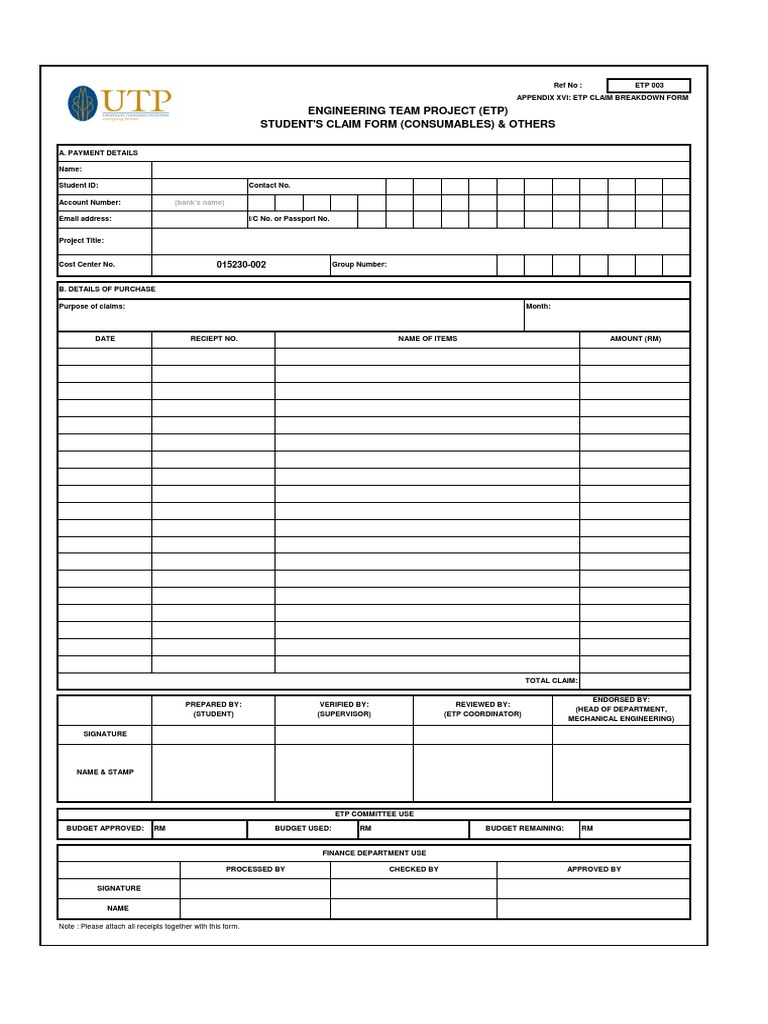 ETP Claim Breakdown Form | PDF | Receipt | Service Industries