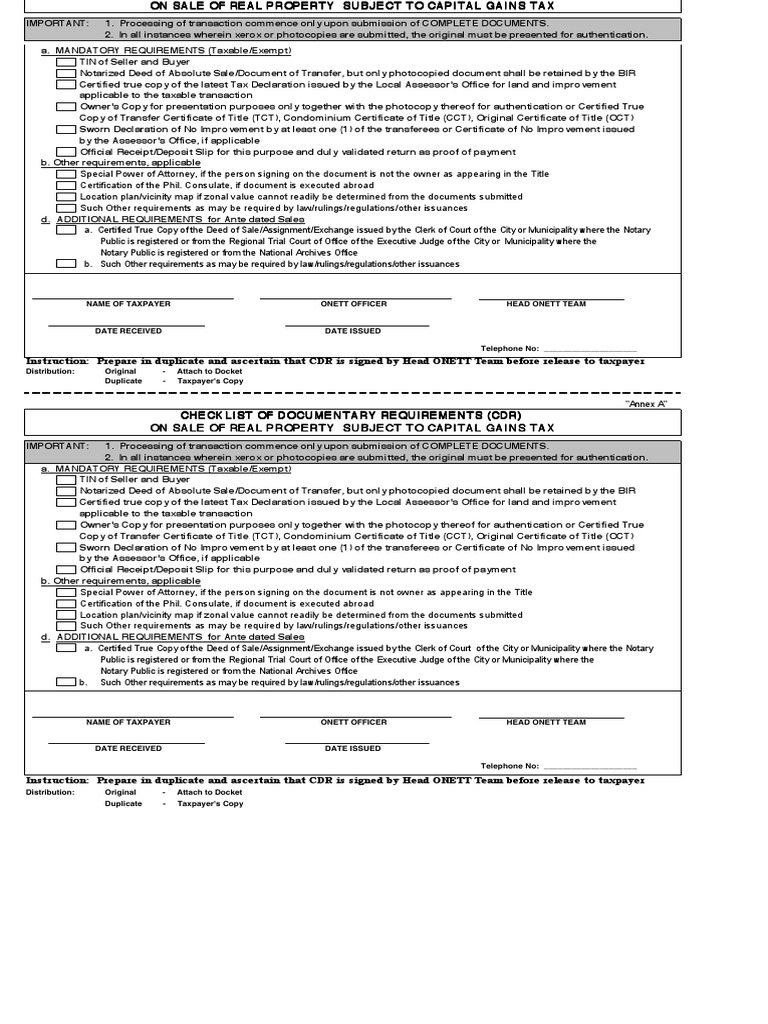 Checklist of Requirements BIR Capital Gains Tax Notary Public