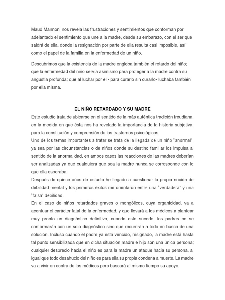 El Niño Retardado y Su Madre | PDF | Psicoanálisis | Psicosis