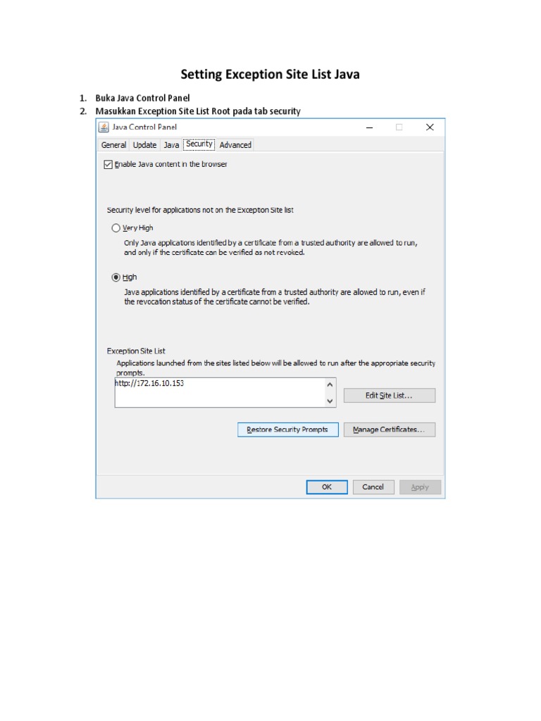Setting Exception Site List Java | PDF