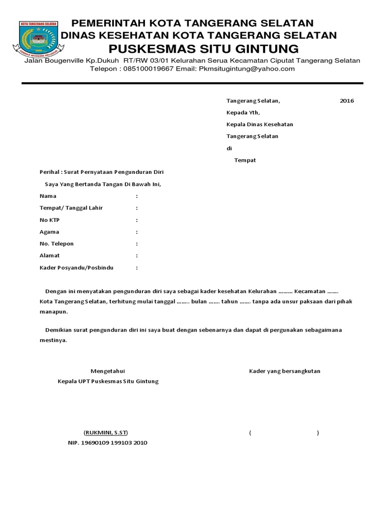 Contoh Surat Pengunduran Diri Dari Kader Posyandu