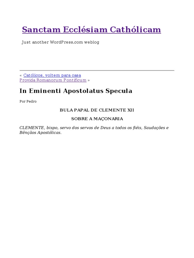In Eminenti Apostolatus Specula | PDF | Igreja católica | Papa