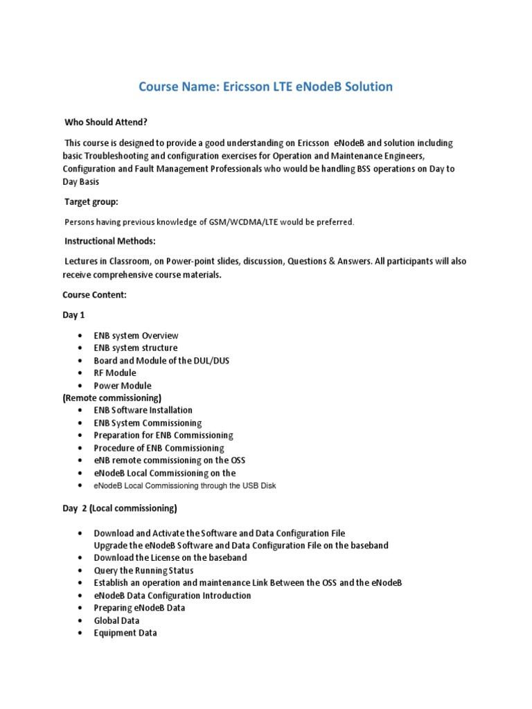 Course Name: Ericsson Lte Enodeb Solution: Persons Having Previous ...