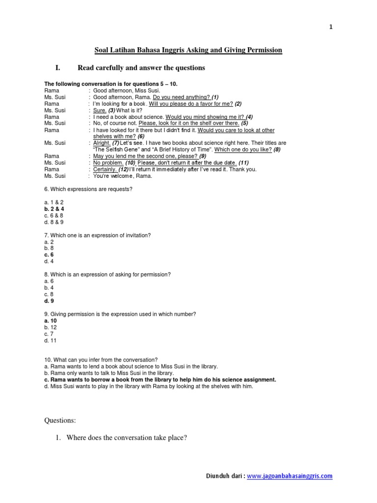 Soal Bahasa Inggris Asking And Giving Permission