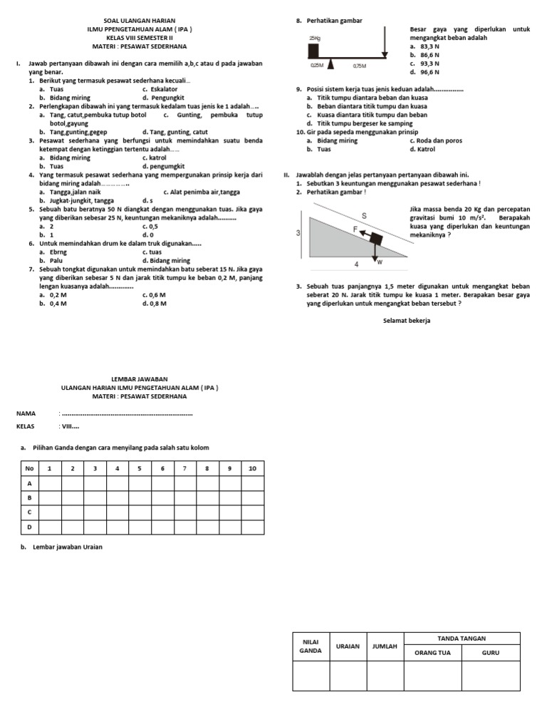 Contoh Soal Pesawat Sederhana Bidang Miring Pilihan Ganda