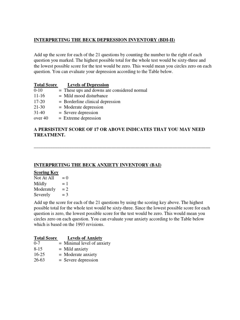 Scoring Instructions For The Beck Inventories 1 | PDF | Major ...