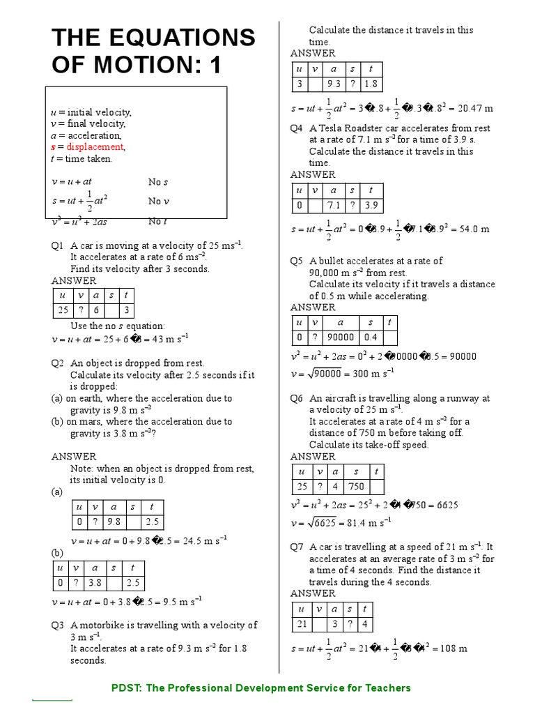 Equations of Motion 1 Answers | PDF | Velocity | Acceleration