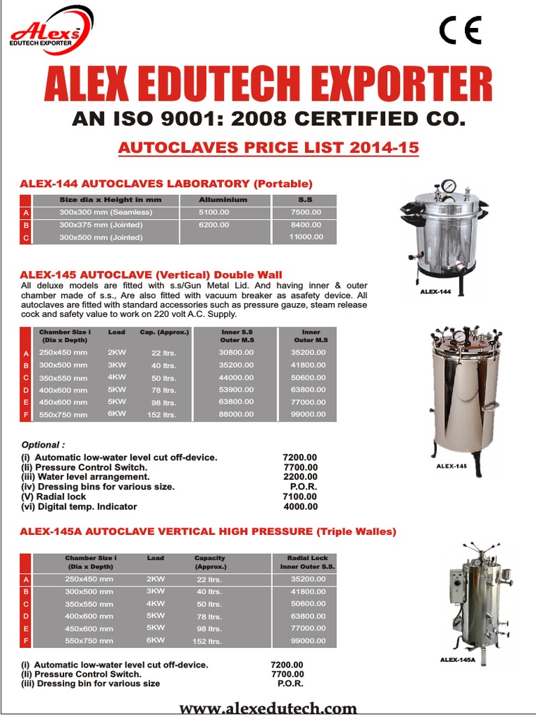 Alex Autoclaves Price List. D PDF Manufactured Goods Equipment