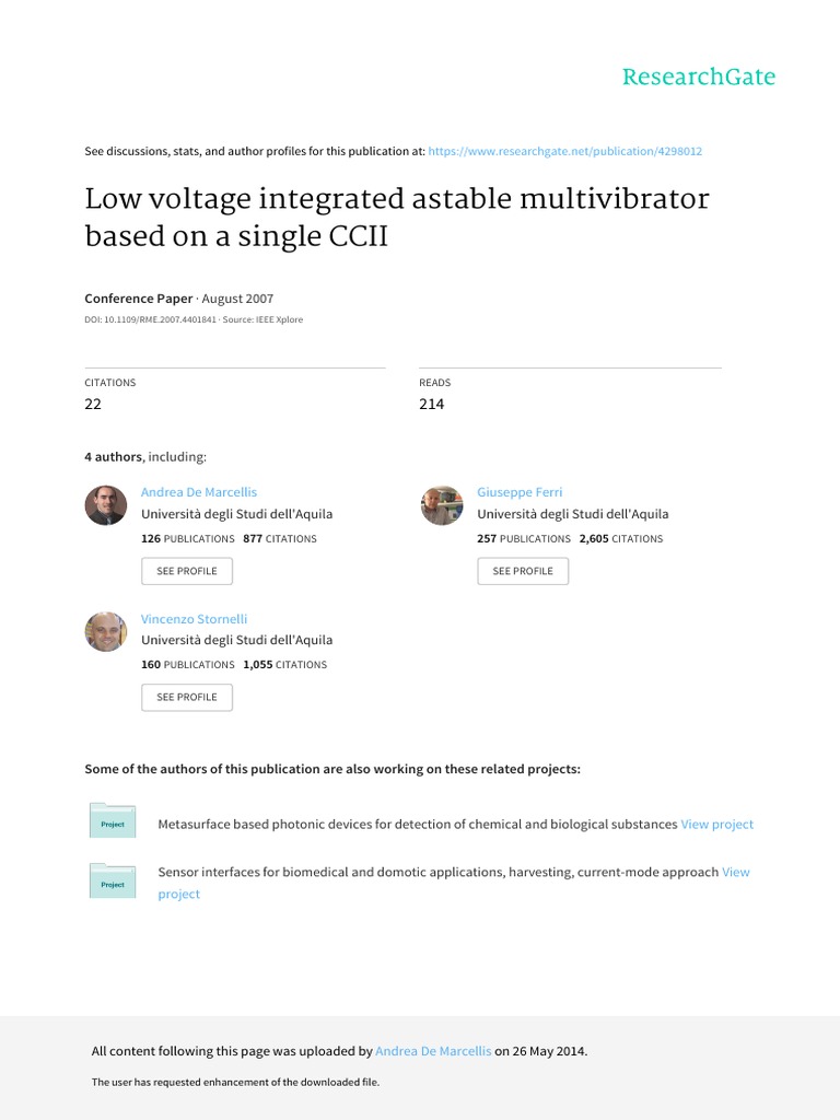 Low Voltage Integrated Astable Multivibrator Based On A Single CCII PDF Electronic