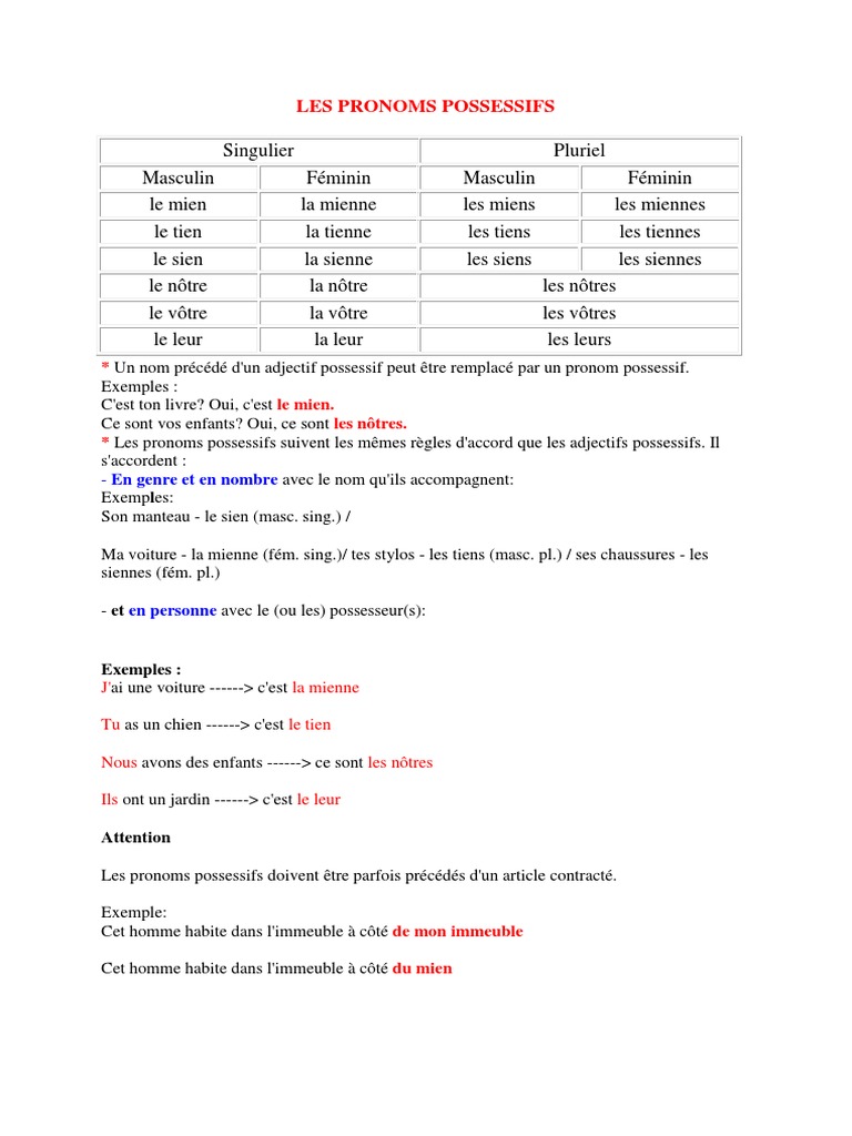 Déterminant Possessif Exemple Pronoms Possessifs | PDF | Genre grammatical | Pronom