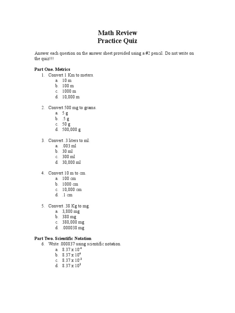 Math Review Practice Quiz: Part One. Metrics | PDF | Teaching ...