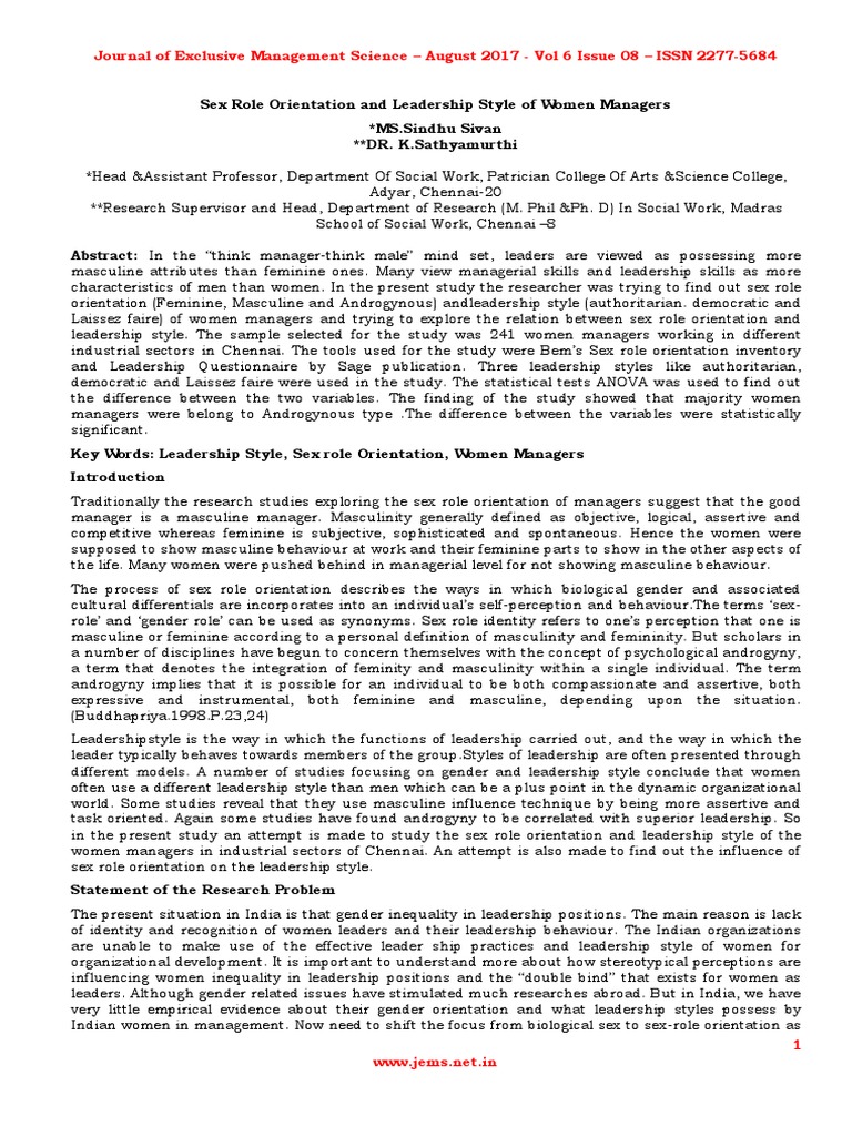 Women Managers: Leadership & Gender Roles | PDF | Gender Role | Leadership
