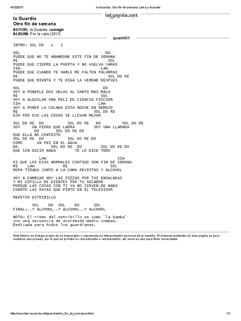 La Guardia Otro Fin De Semana Letra Y Acordes Canciones Musica Grabada