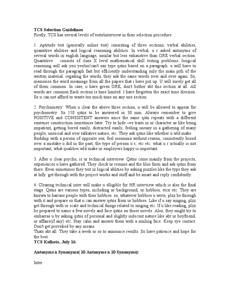 TCS Selection Guidelines | PDF | Graduate Record Examinations ...