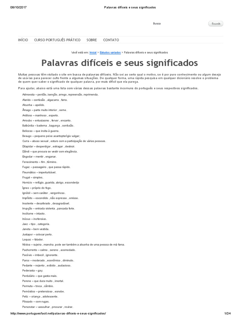 Palavras Difíceis e Seus Significados Alfabetização Conhecimento
