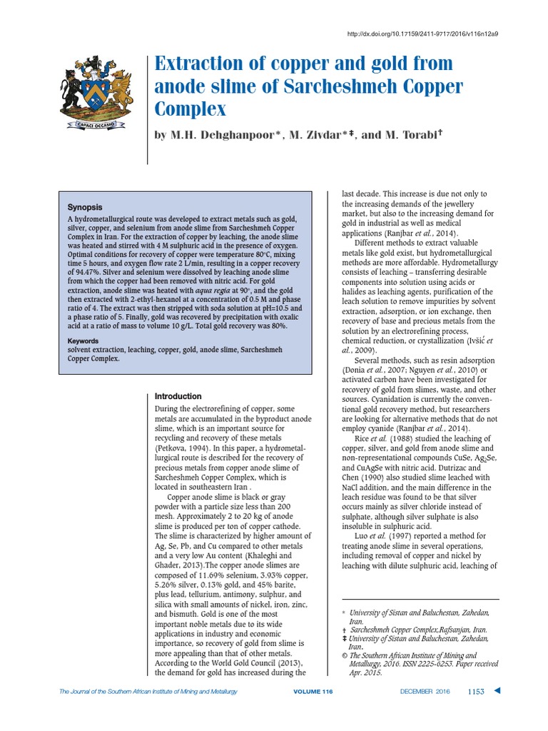 Extraction of Copper and Gold From Anode Slime of Sarcheshmeh Copper ...