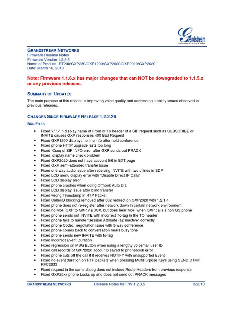 Release Note BT200 GXP 1.2.3.5 | PDF | Session Initiation Protocol | Ip ...