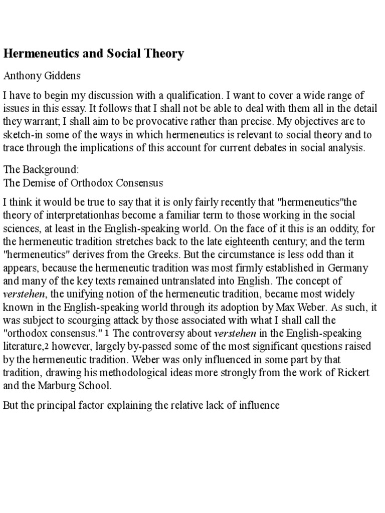 Giddens Hermeneutics & Social Theory PDF Positivism Hermeneutics