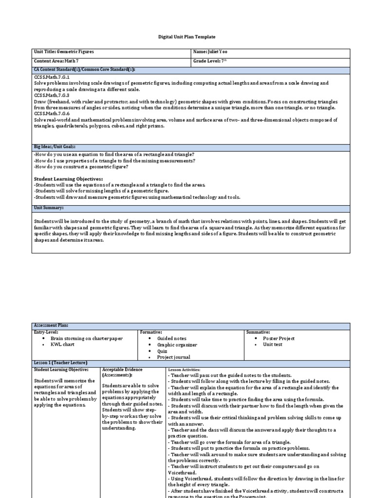 Digital Unit Plan Template Unit Title: Geometric Figures Name: Juliet ...