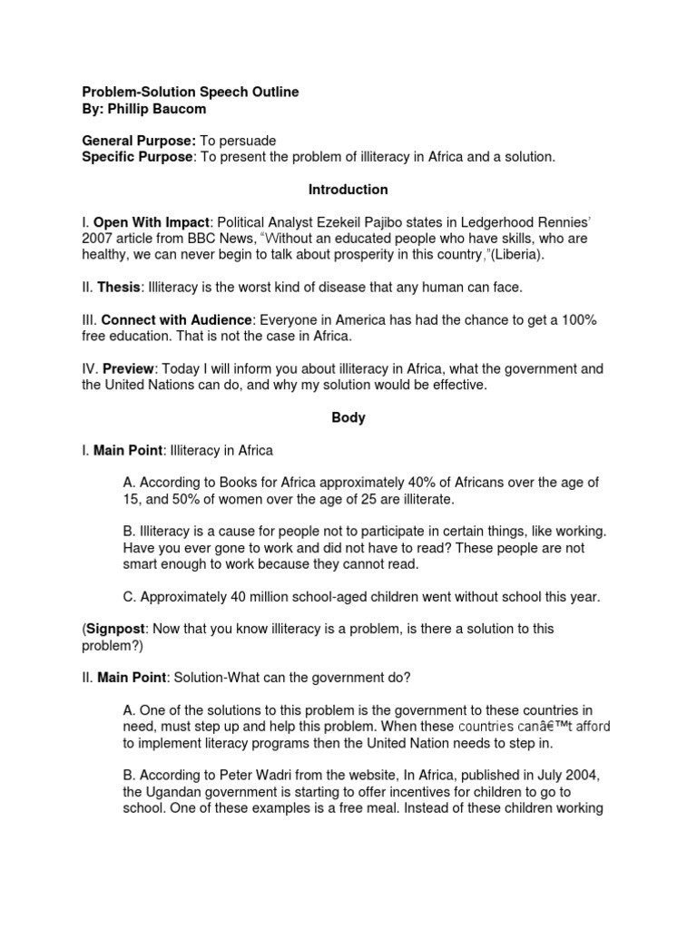 Problem-Solution Speech Outline By: Phillip Baucom General Purpose: To ...
