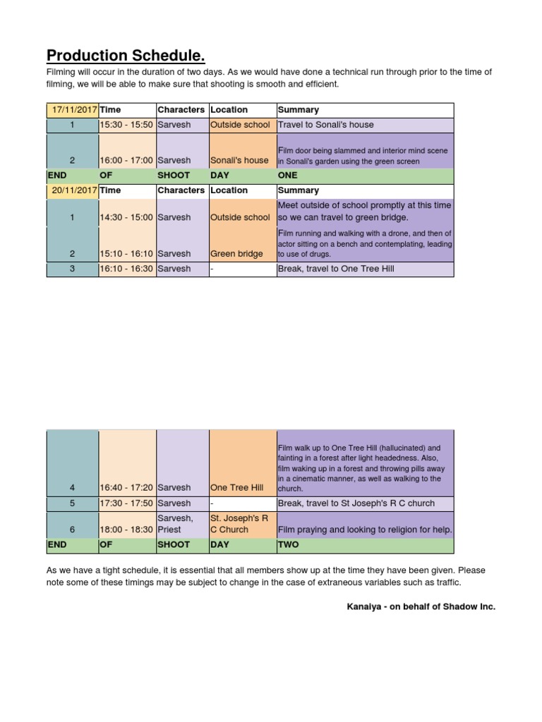 Two-Day Film Production Schedule | PDF | Language Arts & Discipline | Art