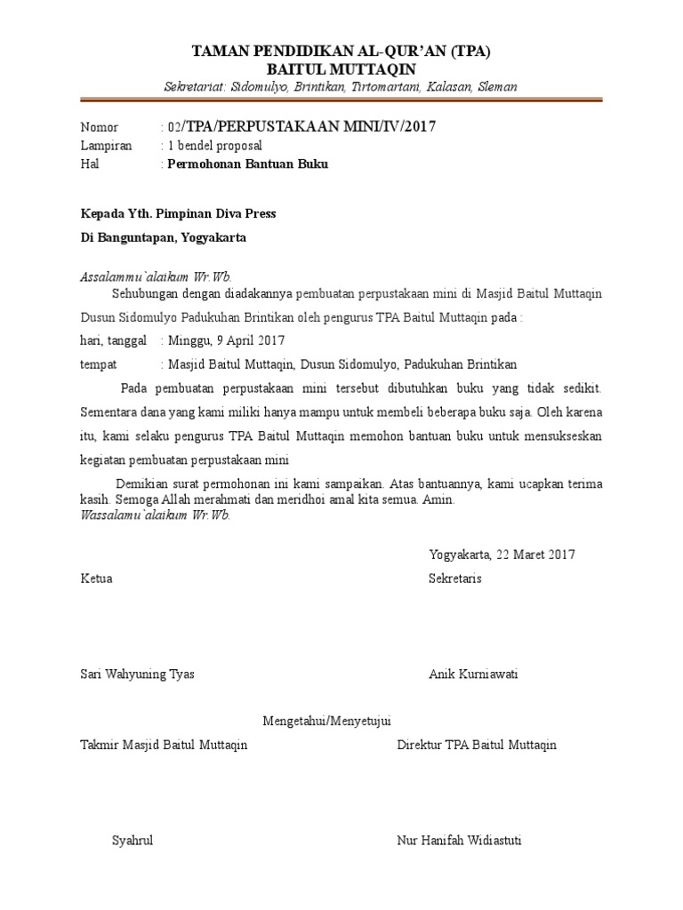 Contoh Surat Permohonan Bantuan Buku Pelajaran