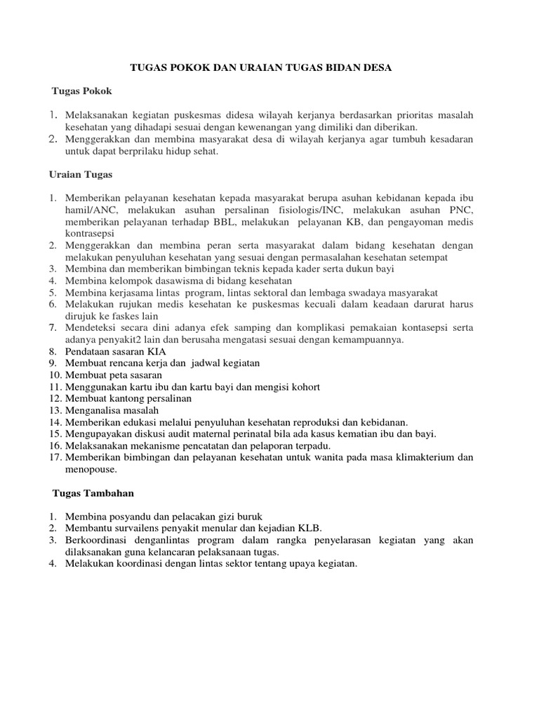 Tugas Pokok Dan Uraian Tugas Bidan Desa