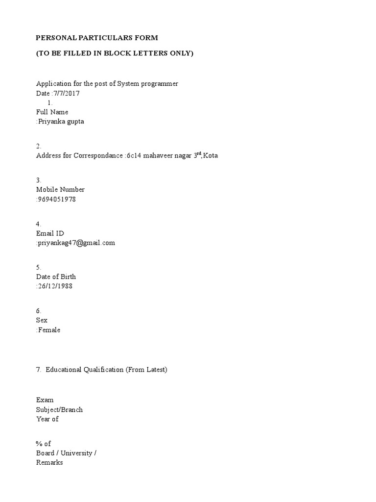 Personal Particulars Form (To Be Filled in Block Letters Only) PDF