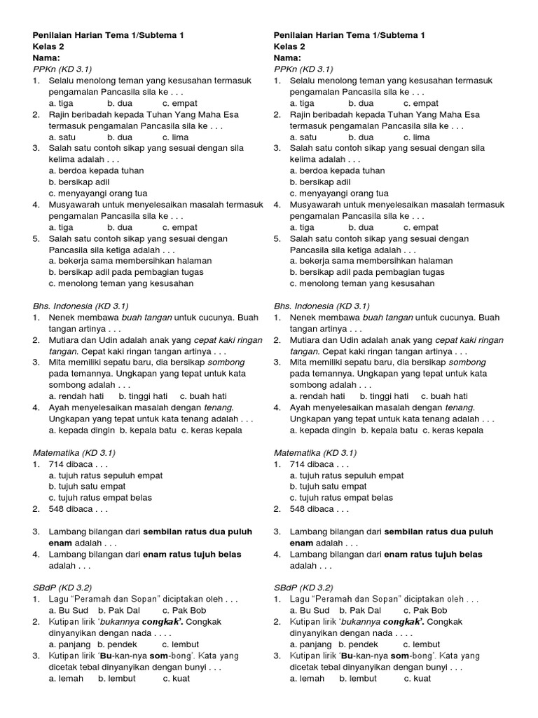 Penilaian Harian Kelas 2 Tema 1 | PDF