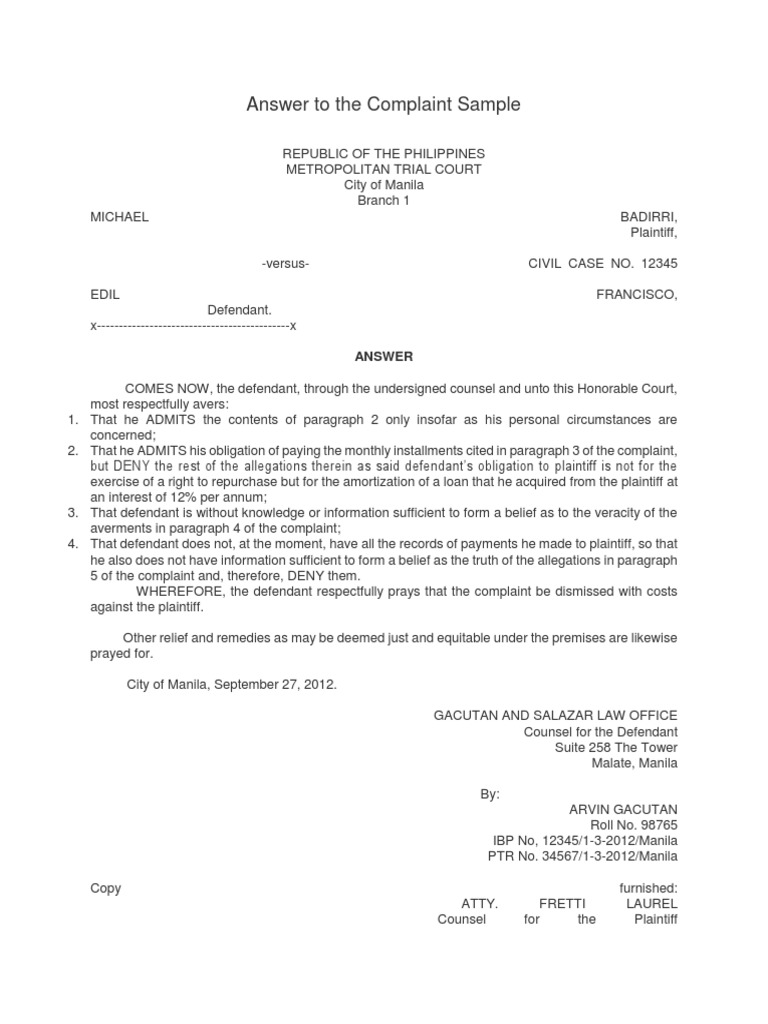Sample Answer to Legal Complaint | PDF | Complaint | Lawsuit