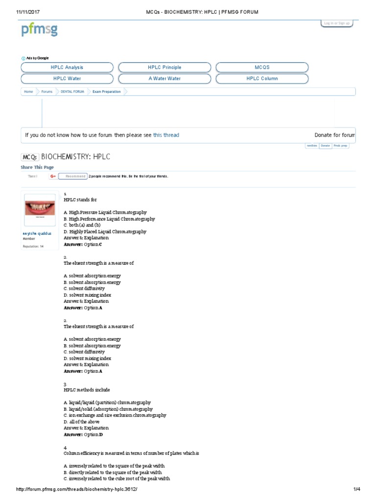 Mcqs Biochemistry HPLC PFMSG Forum PDF Elution High