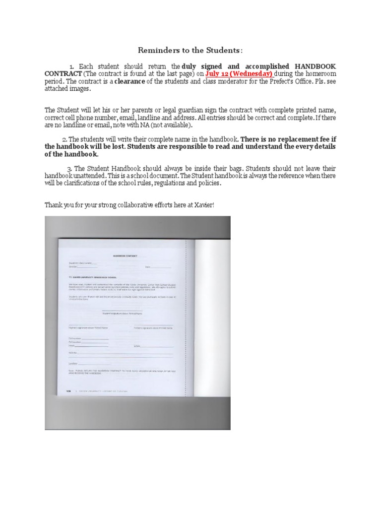 Student Handbook Contract Reminders | PDF