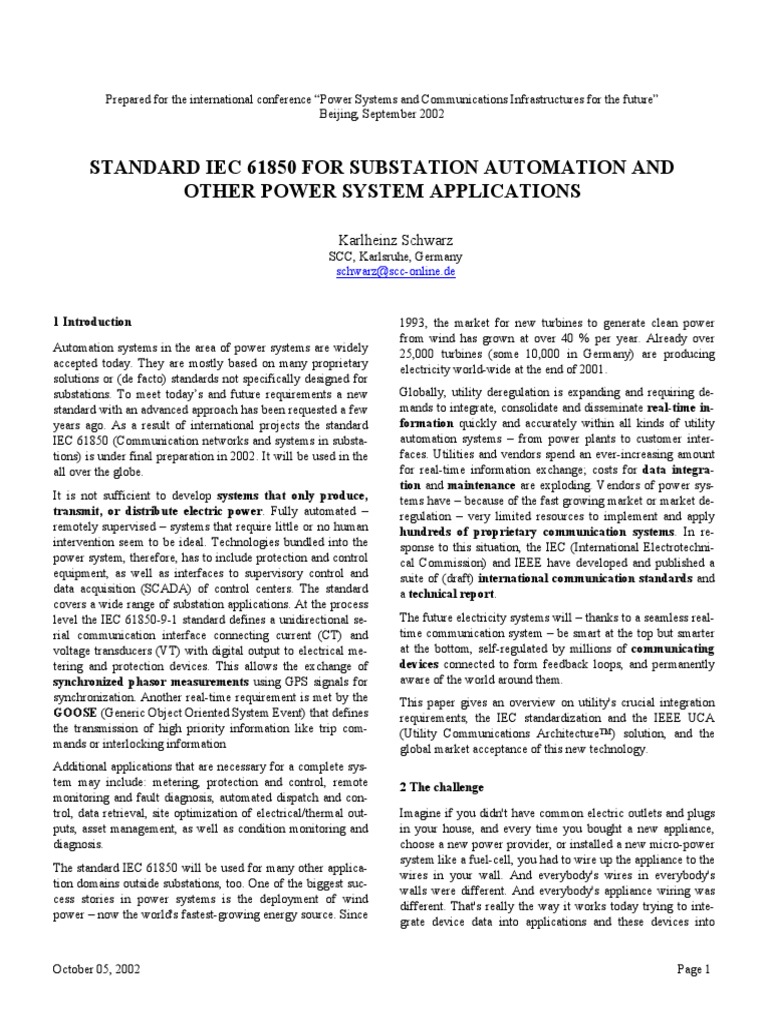 Standard Iec 61850 For Substation Automation and Other Power System ...