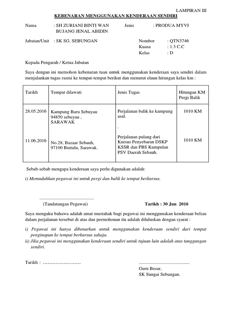 Kebenaran Menggunakan Kenderaan Sendiri-Lampiran III | PDF
