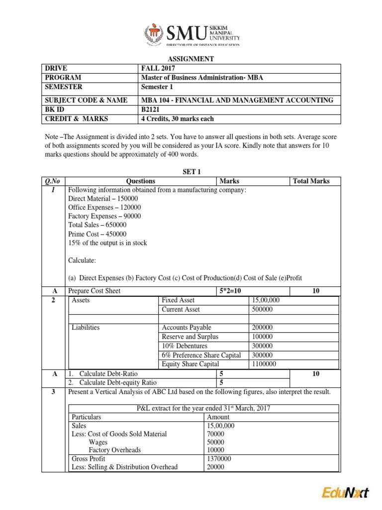 MBA Financial and Management Accounting Assignment | PDF | Financial ...