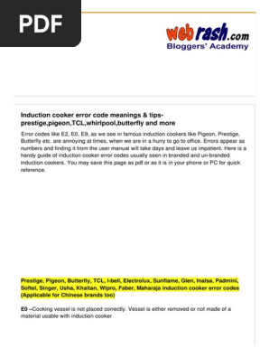 Induction Cooker Error Code Meanings Tips Prestige Blog You Tube