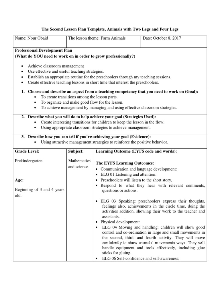 Second Lesson Plan: Farm Animals | PDF | Preschool | Lesson Plan