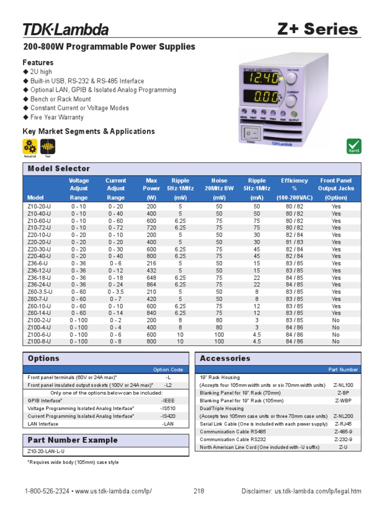 TDK-Lambda Z+ Series Power Supplies | PDF | Power Supply | Electric Power