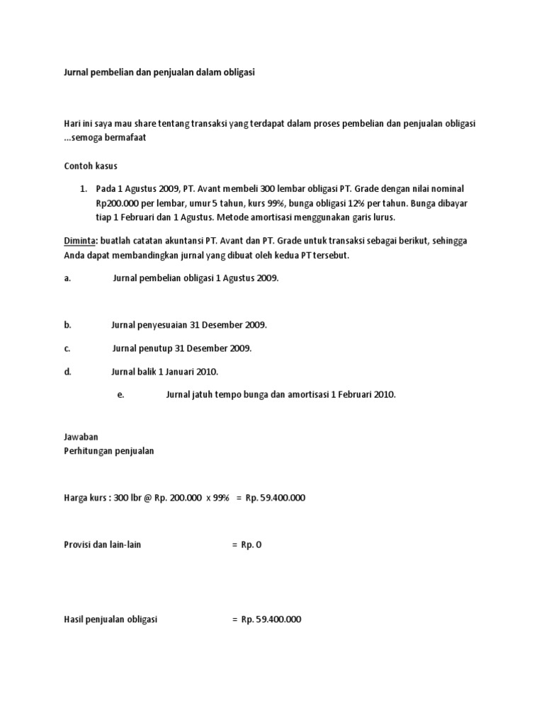 Jurnal Pembelian Dan Penjualan Dalam Obligasi