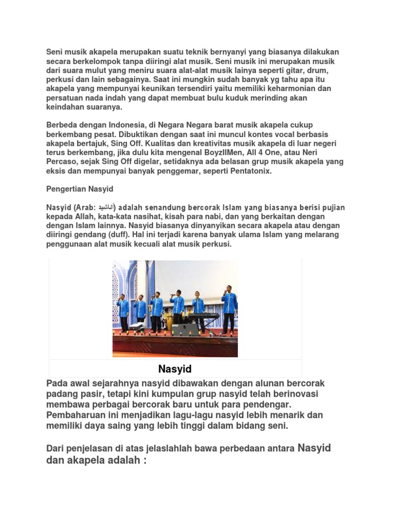 Seni Musik Akapela Merupakan Suatu Teknik Bernyanyi Yang Biasanya Dilakukan Secara Berkelompok Tanpa Diiringi Alat Musik