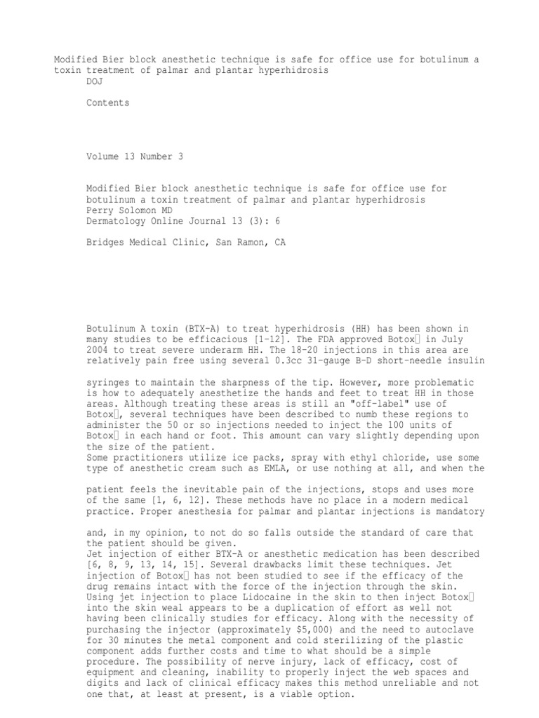 Modified Bier Block Anesthetic Technique is Safe for Office Use for