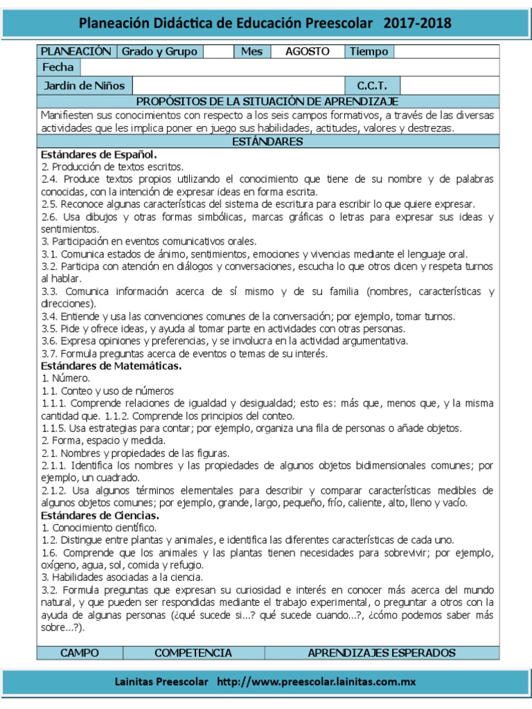 Planeación Didáctica Preescolar 2017-2018 | PDF | Jardín de infancia ...